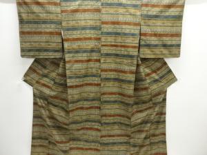 横段に抽象模様織り出し手織り紬着物